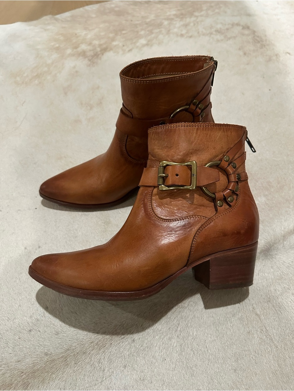 Frye Cognac Leather Ankle Boots with Buckle Ring Detail